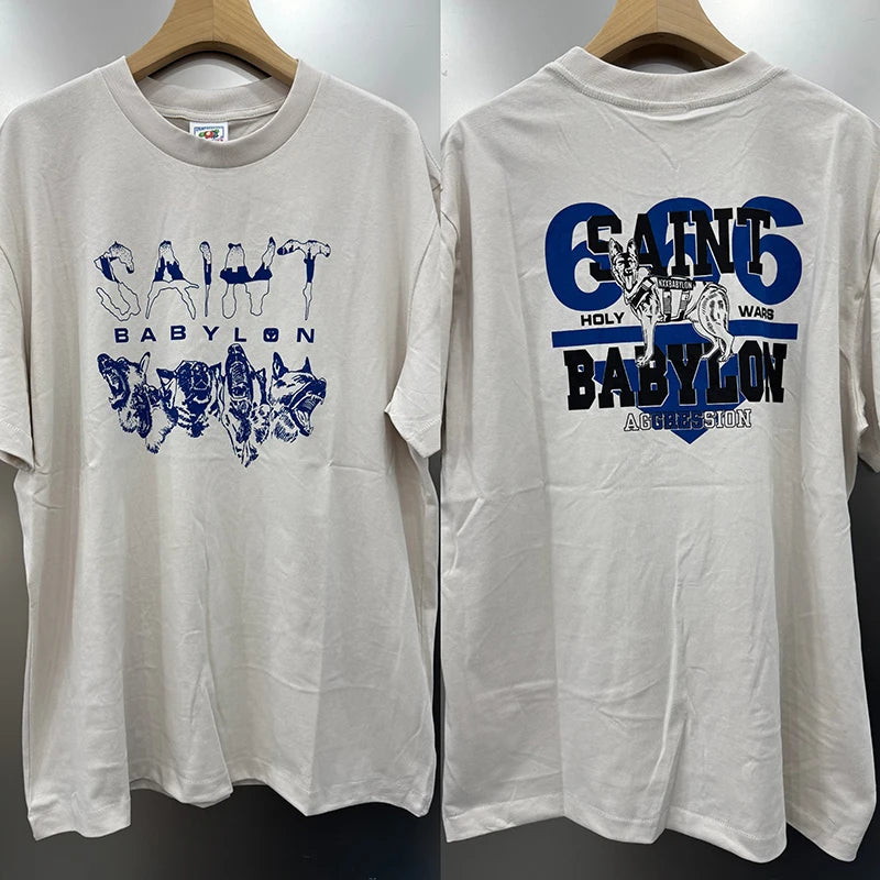 Best Quality American Retro Blue Dog Print Saint Men T Shirt Hip Hop Street Fashion Summer Tops