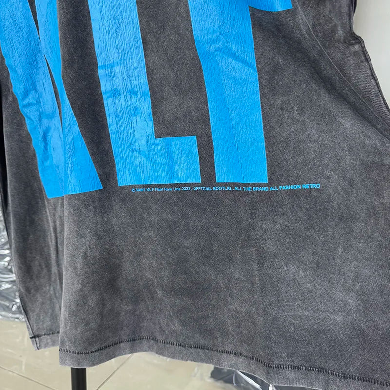 Blue Crack Print Saint Letter T Shirts for Men High Street Casual Washed Vintage Tees