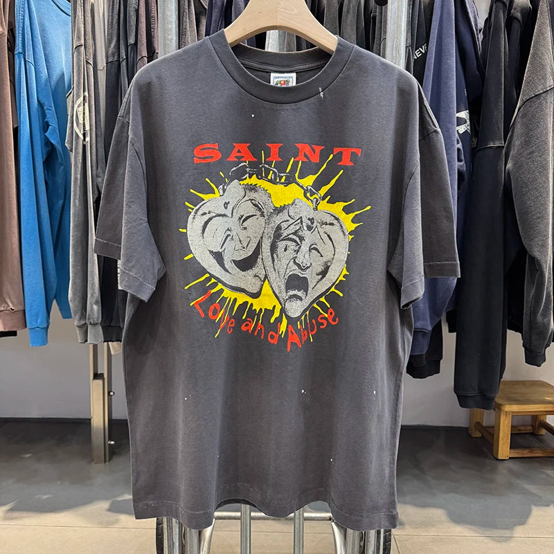 Dark Gray Saint Round Neck Fun Print Vintage T Shirt High Street Casual Men Women Fashion Short Sleeve
