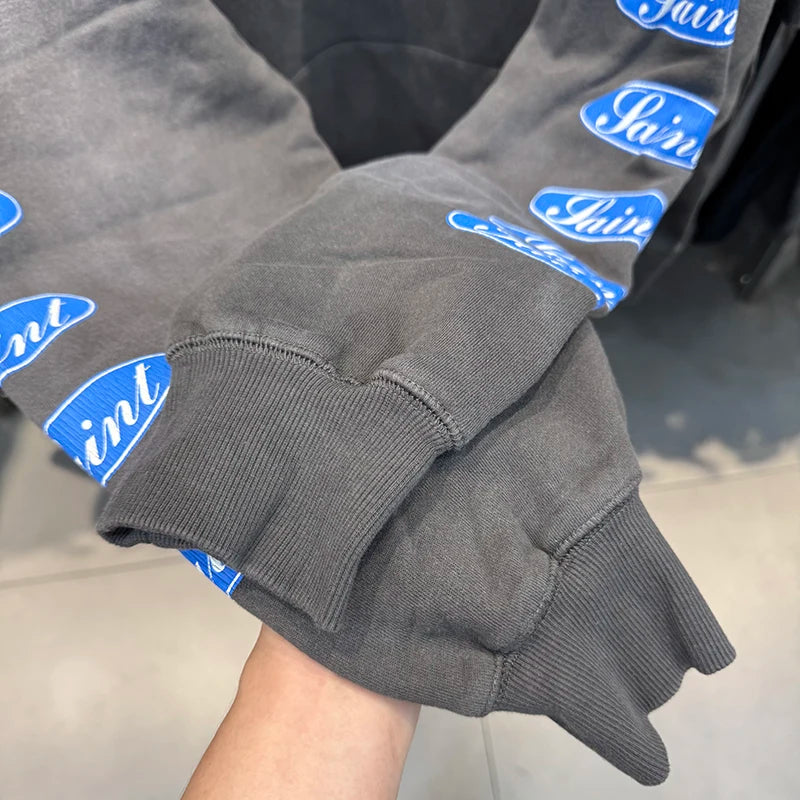 25FW SAINT Blue Circle Letter Printed Washed Distressed Hip Hop Hoodies Street Fashion Retro Grey Sweatshirt