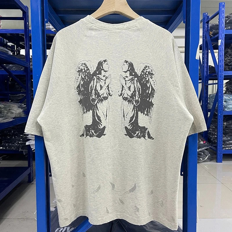Summer Washed Grey Saint Hole Breaking Style Oversized T-shirt ARIES High Quality Letter Print Men Short Sleeve
