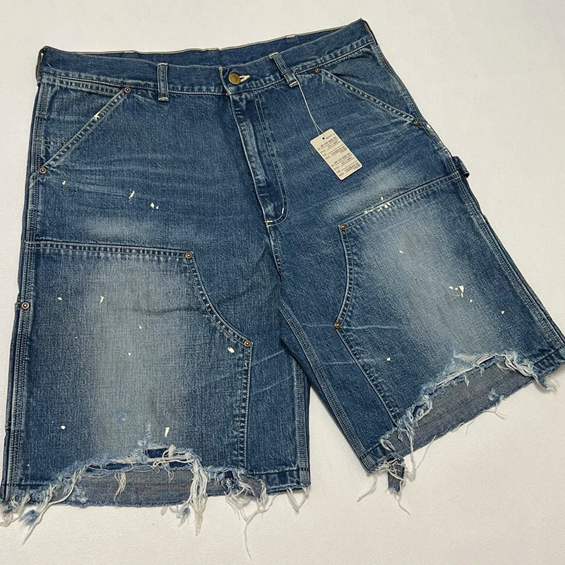 25ss Summer New Saint Washed Splash-ink Shorts for Men High Street Fashion Tassel Style Jeans Best Quality