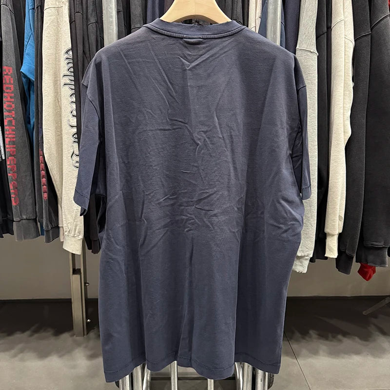 Retro Blue Saint Crack Letter ALPHA Logo Vintage T Shirt Washed Hole Summer Men Short Sleeve