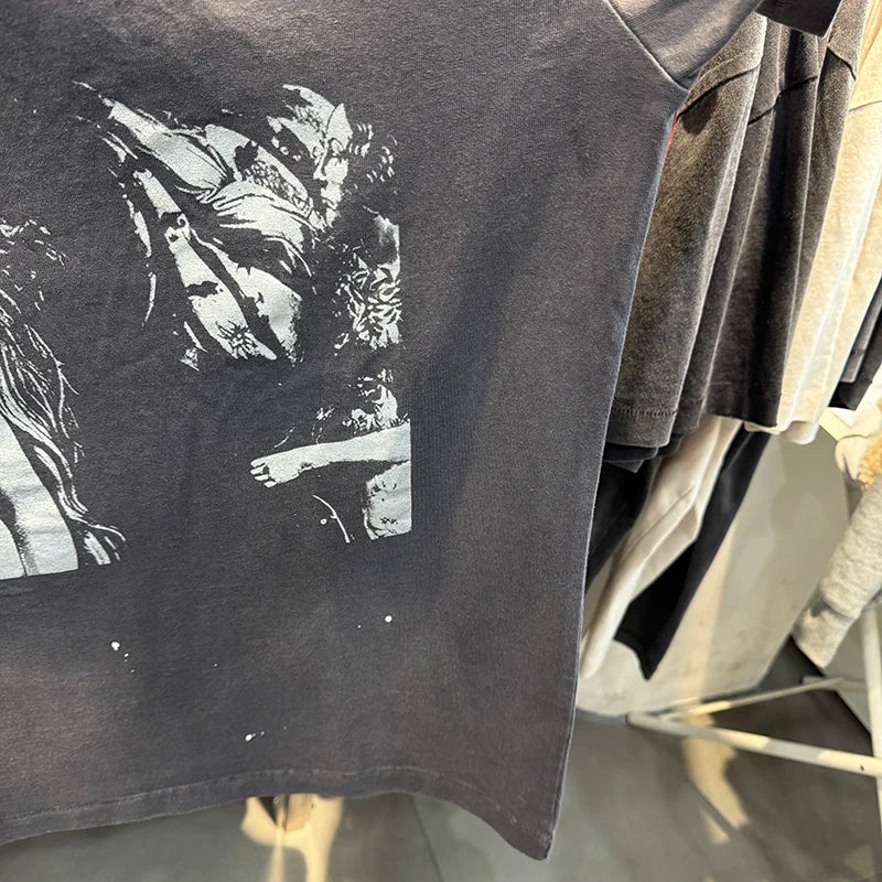 Washed Saint Sexy Pattern Print American Style Oversized T Shirt Retro Cotton Trend Summer Tops