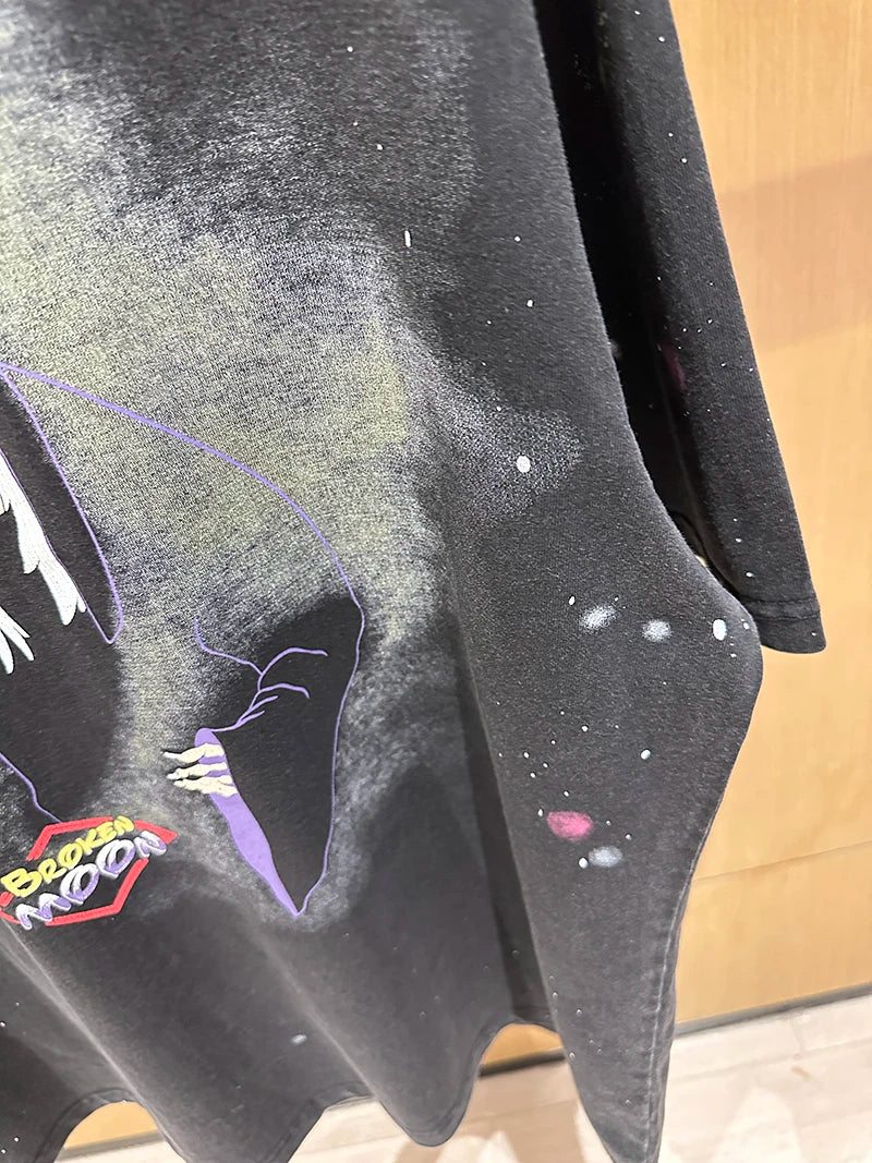 Street Fashion Splash-ink Round Neck Witch Graphic T Shirts Summer Pure Cotton Unisex Vintage Tees