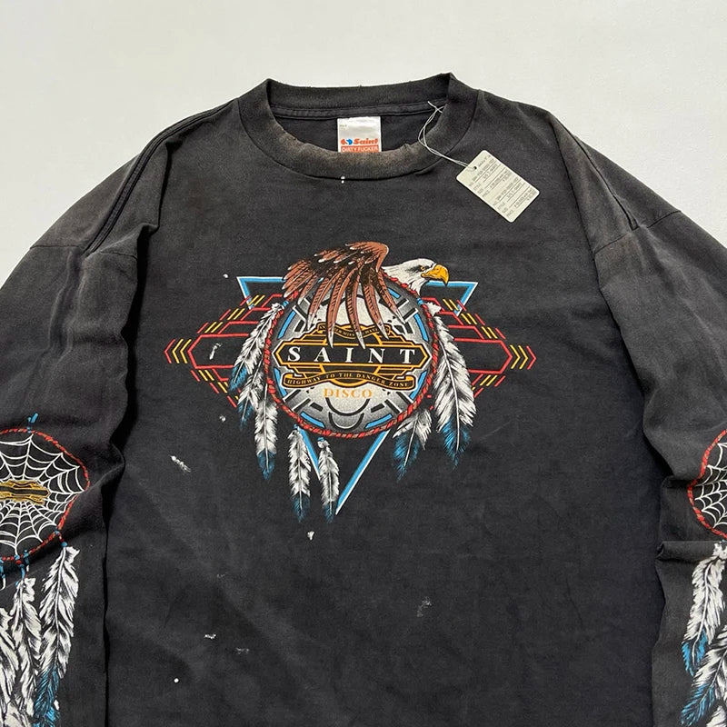 High Quality Retro Saint Crewneck Feather Print Oversized T Shirt Trend Splashed Ink Casual Men Women 1:1 Autumn Tops Streetwear