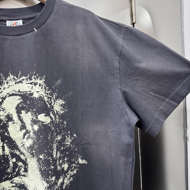 Luminous Series Saint Vintage Loose Short Sleeve Goddess Print T Shirts for Men Summer Street Fashion