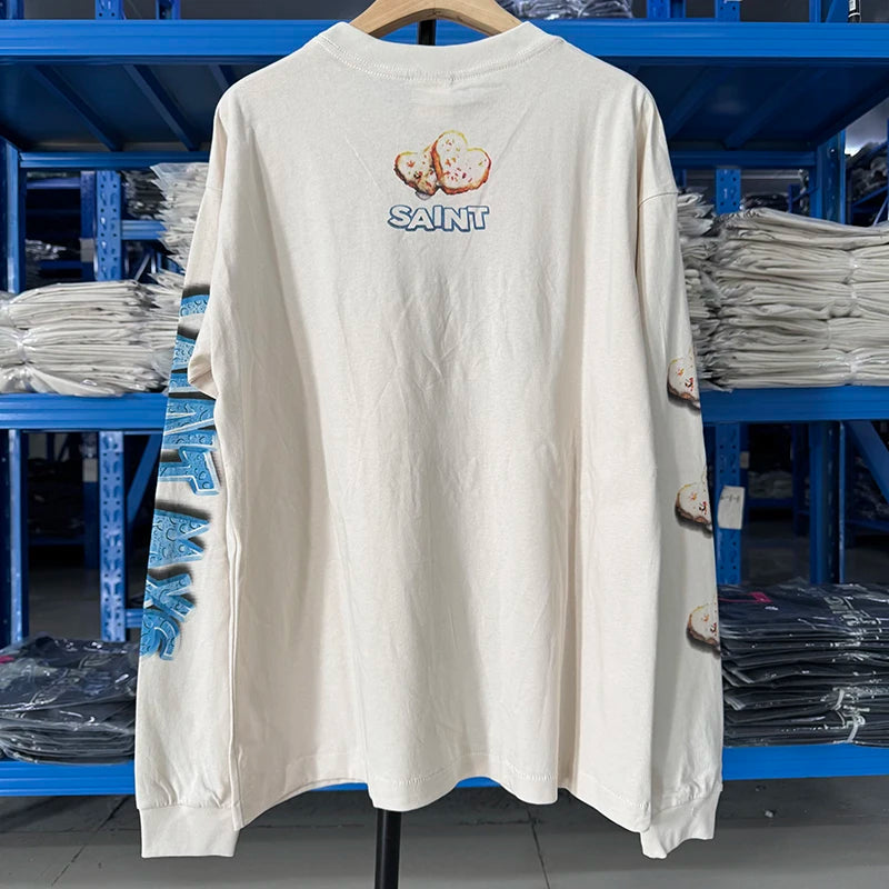 Fashion SAINT Loose Biscuit Print High Street Casual Men Women Vintage T Shirt Autumn and Winter Tops