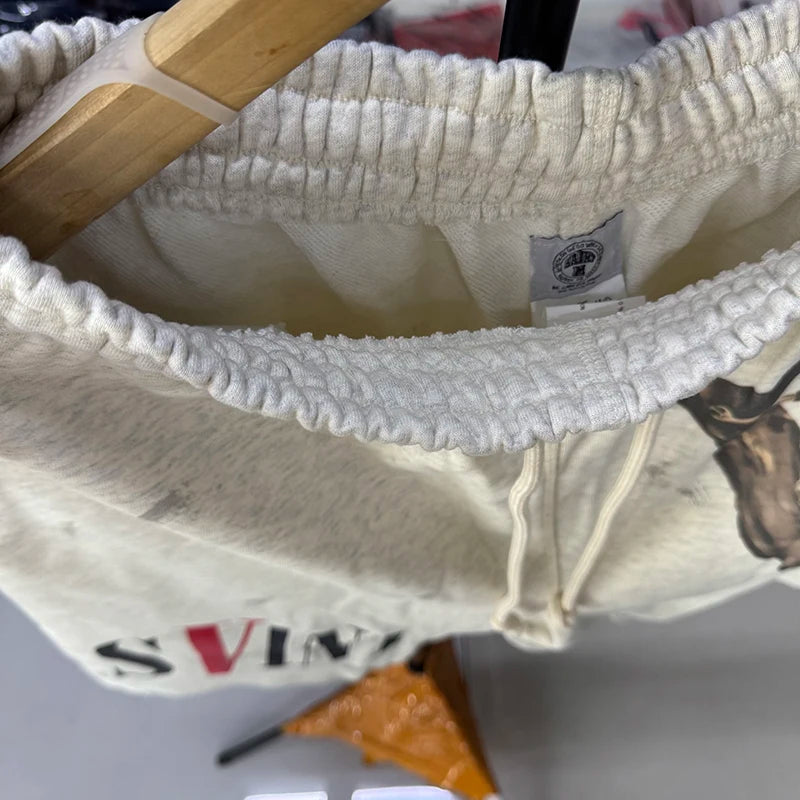 Washed Grey Saint V-shaped Pattern Summer Shorts Men Sport Fashion Terry Loose Streetwear