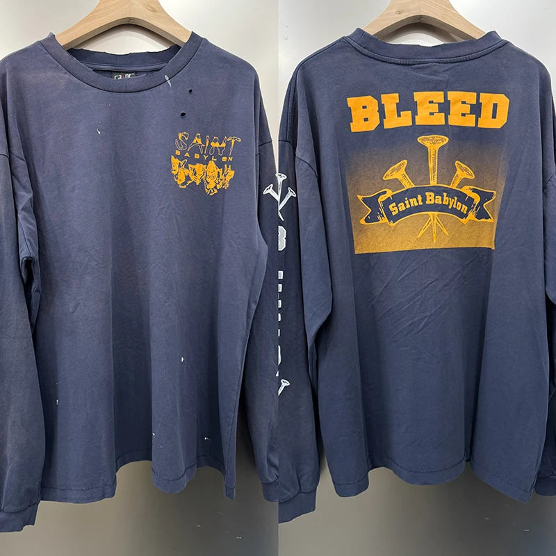 Autumn Retro Series Saint Three Inch Nail Blue Oversized T Shirt High Quality Cotton Men Women Fashion Long Sleeve Streetwear