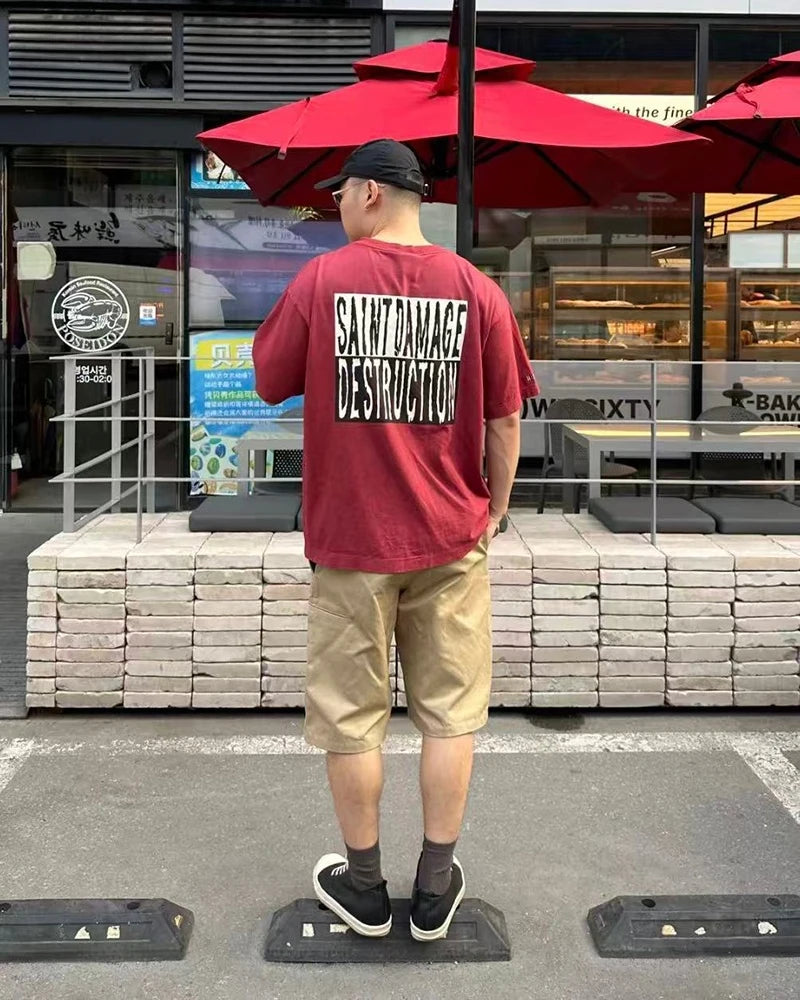Retro Red Saint Washed 100%cotton Oversized T Shirt Japan Style Letter Crack Print Casual Fashion Short Sleeve