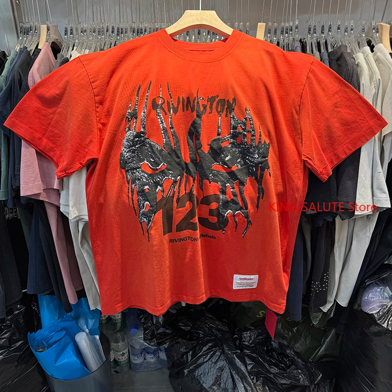 26ss RRR123 Round Neck CVA Wing Print Graphic T Shirts Trend Casual Washed Retro Short Sleeve