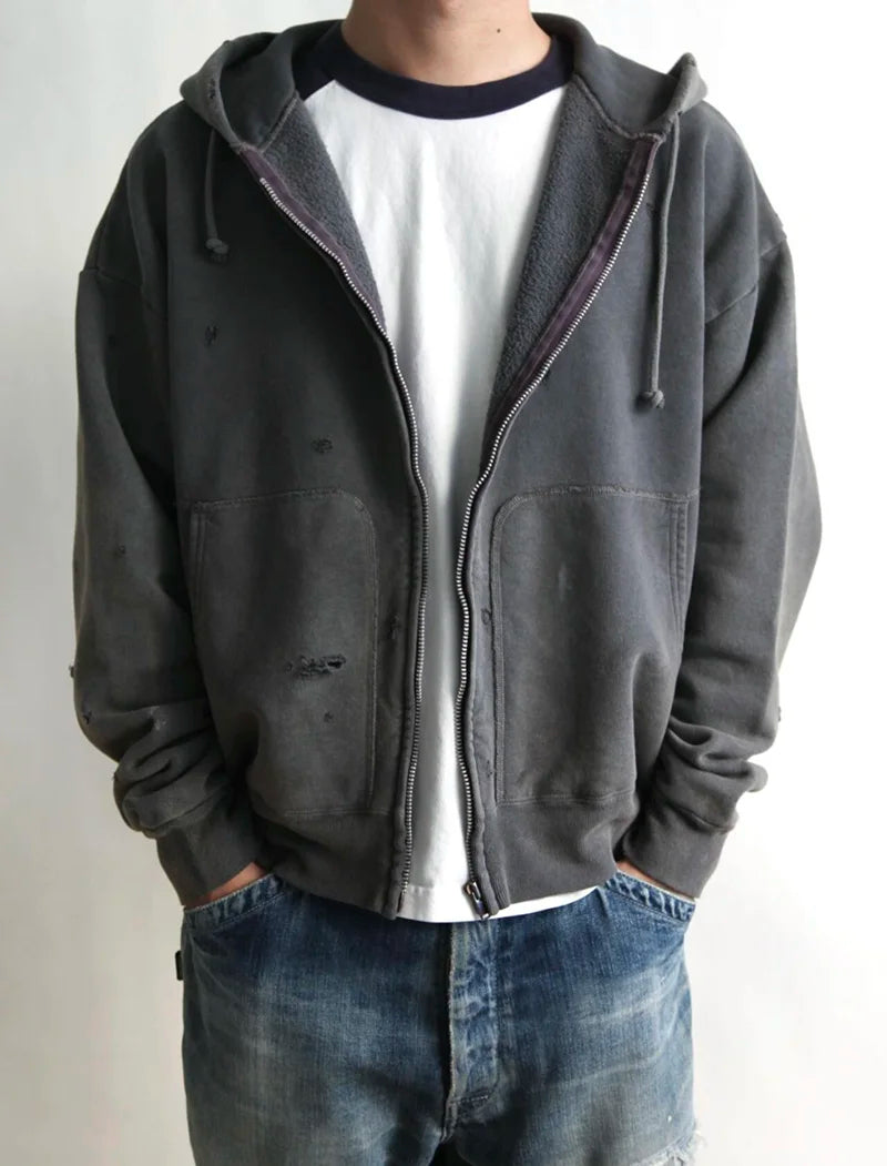 Zipper Series Saint Solid Color Hoodie Hole Distressed Washed Winter Fashion Cardigan