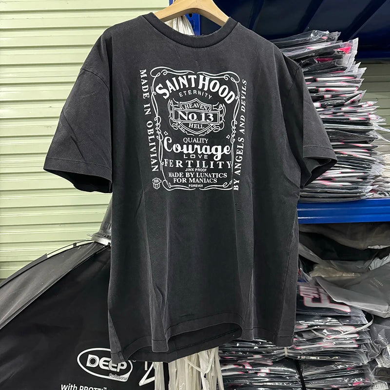 Street Fashion SAINT X NEIGHBORHOOD Summer Short Sleeve Motorcycle Printed Men's T-shirt Loose Wash Dilapidated