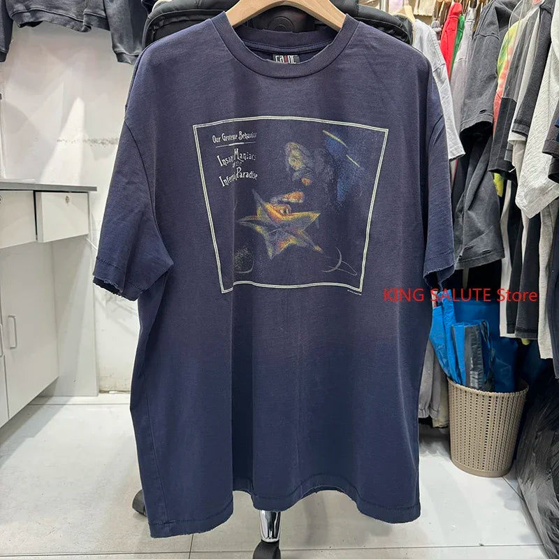 Street Fashion Saint Cartoon Happy Angel Oversized T Shirt Casual Men Summer Cotton Washed Vintage Tee