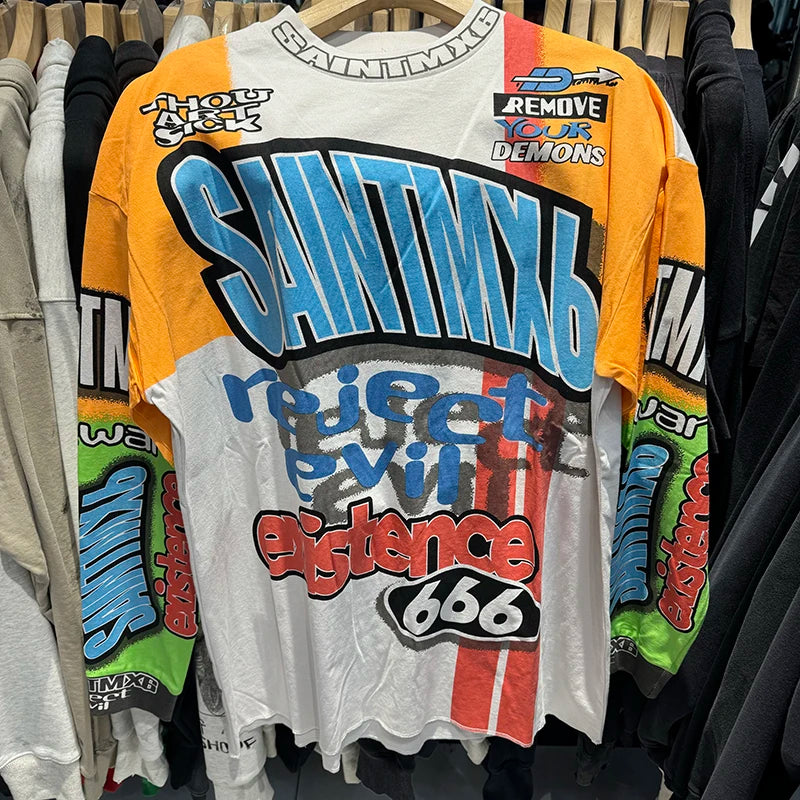 Fashion SAINT Loose Biscuit Print High Street Casual Men Women Vintage T Shirt Autumn and Winter Tops