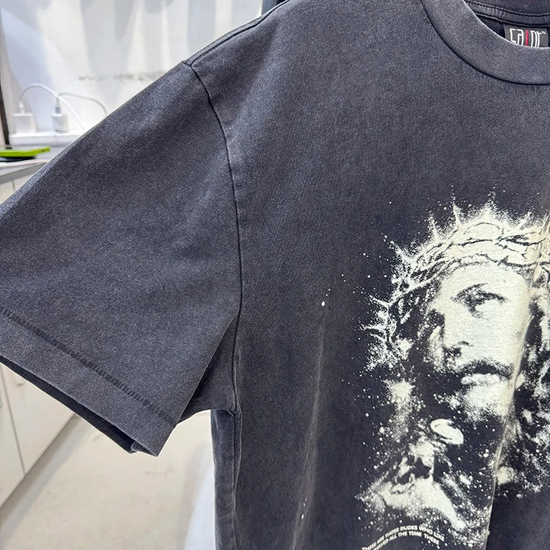 Vintage Washed Saint High Quality Portrait Print Graphic T Shirts Loose Luminous Summer Tops