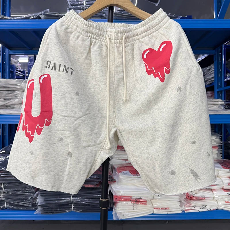 EU Heart-shaped Saint Washed Distressed Retro High Quality Cotton Short Pants Men Summer
