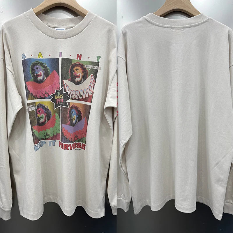 High Street Trend Saint O-Neck Lips Print Portrait Series Graphic T Shirts Autumn Winter Men Women Pure Cotton Long Sleeve