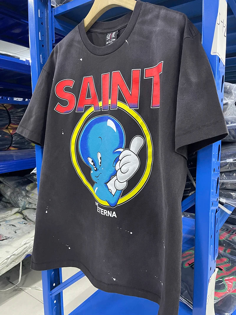 Street Fashion Casper High Quality Washed Summer Short Sleeve Saint Casual Cartoon Letter Print Men Women 1:1 Vintage T-shirt