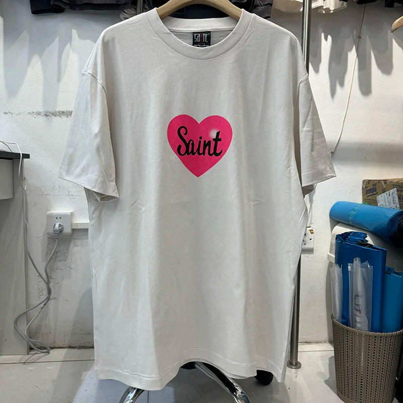 Pink Heart-shaped Saint Round Neck Oversized T Shirt High Street Casual Men Women 1:1 Summer Tees Aries Pattern