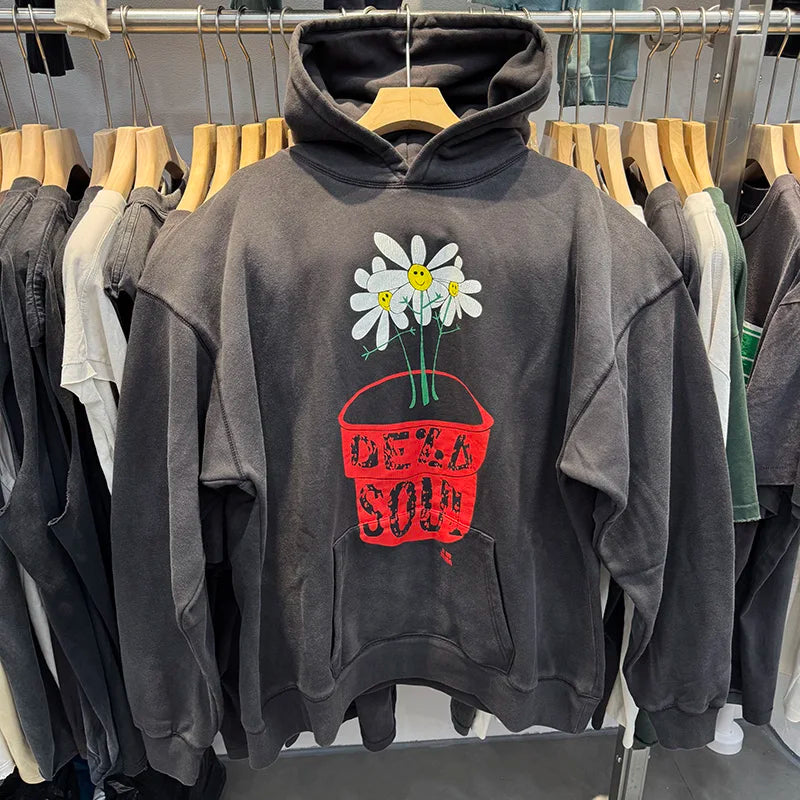 25AW Saint Street Retro Style Love Born Flowers Printed Hoodies Men Harajuku Heavy Fabric Washed Pullover Top