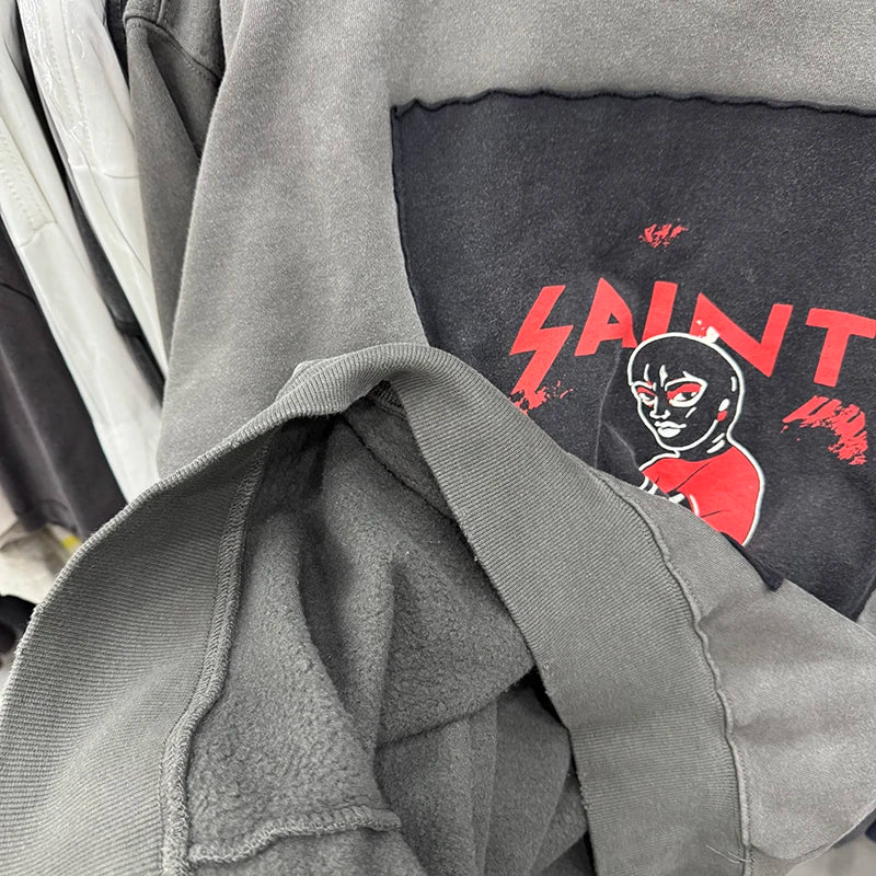 High Quality Washed Saint Retro Ripped CELLBRATION Girl in Red Graphic Hoodie Hip Hop Trend Sweatshirt Men Y2k