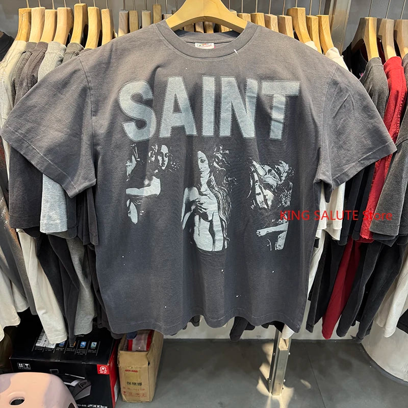 Washed Saint Sexy Pattern Print American Style Oversized T Shirt Retro Cotton Trend Summer Tops