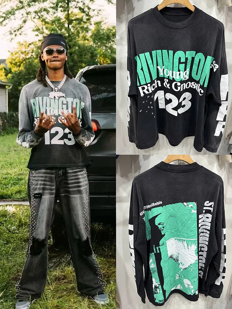 Best Quality RRR123 Graffiti Green Letters American Retro T Shirts for Men Autumn Cotton Street Fashion Long Sleeves Tees