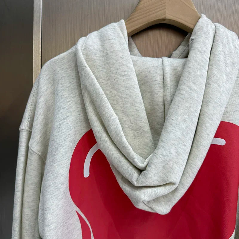 Fashion Saint Loose Graffiti Retro Washed Distressed Red Heart-shaped Print Hoodie Streetwear Men