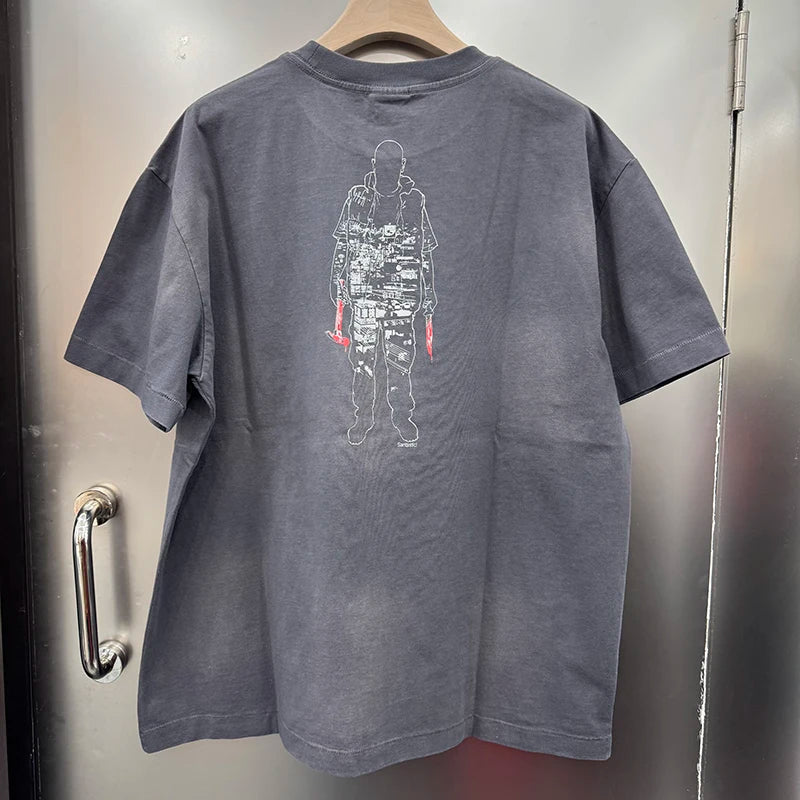 Splashed Ink SAINT Round Neck Loose Character Pattern Print Japan Style Vintage T Shirt