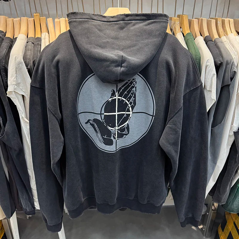 Street Fashion Saint High Quality Autumn Winter Thick Gesture Pattern Hoodie Men Vintage Distressed Ripped Pullover