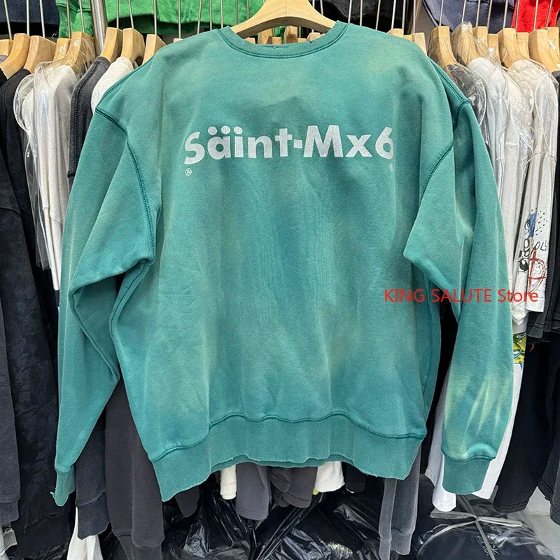 Washed Black SAINT MX6 Street Fashion Men Sweatshirts High Quality Cotton Winter Pullover