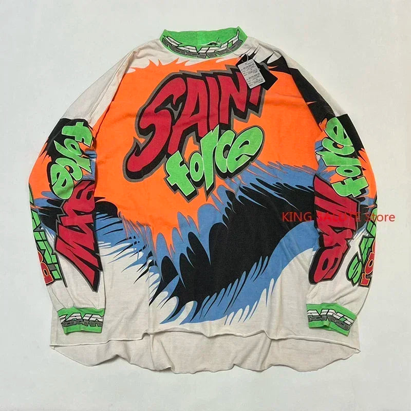 High Quality Saint Round Neck Soul Flame Vintage T Shirt Men Street Fashion Flame Word Long Sleeve