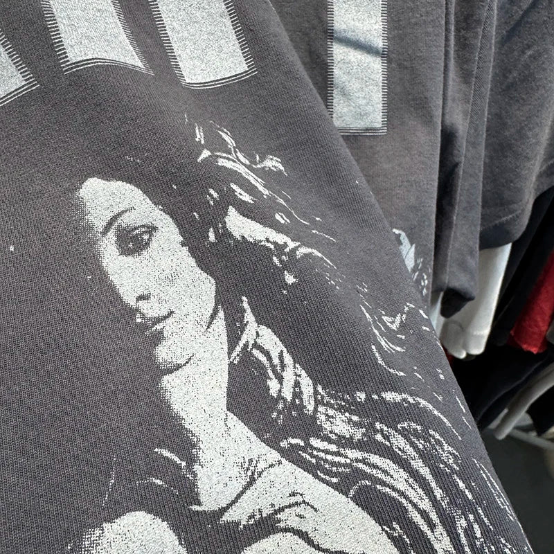 Washed Saint Sexy Pattern Print American Style Oversized T Shirt Retro Cotton Trend Summer Tops