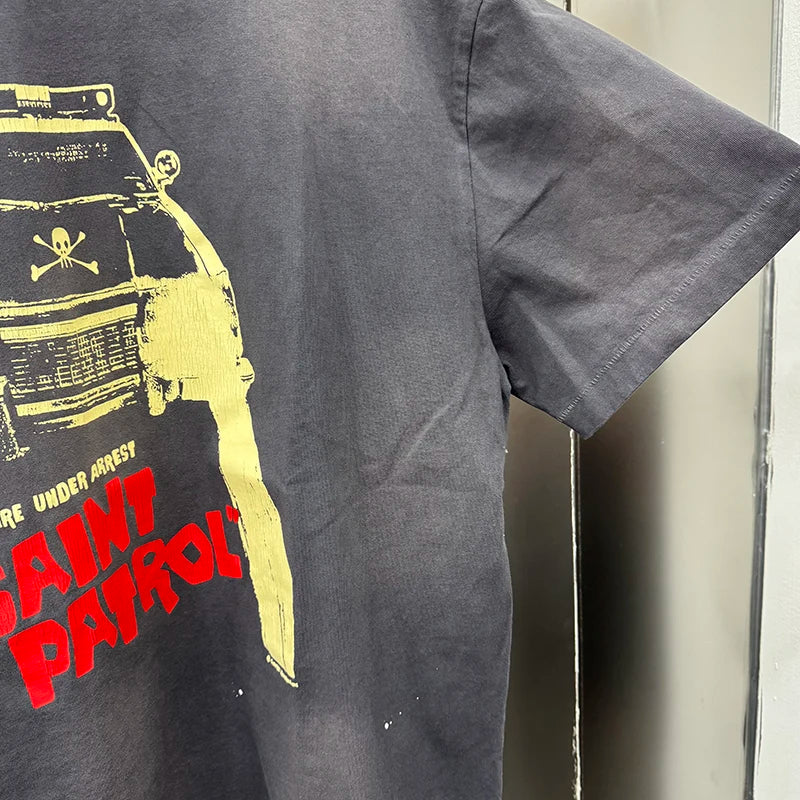 SAINT PATOROL Vintage Round Neck Oversized T Shirt Car Printed Skulls Logo High Street Casual Men Women Short Sleeve Streetwear