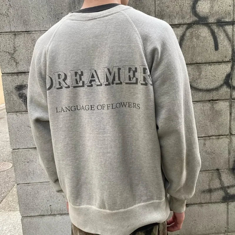 Retro Grey Saint Round Neck Flower Pattern Sweatshirt Fashion Washed Hole Streetwear Men