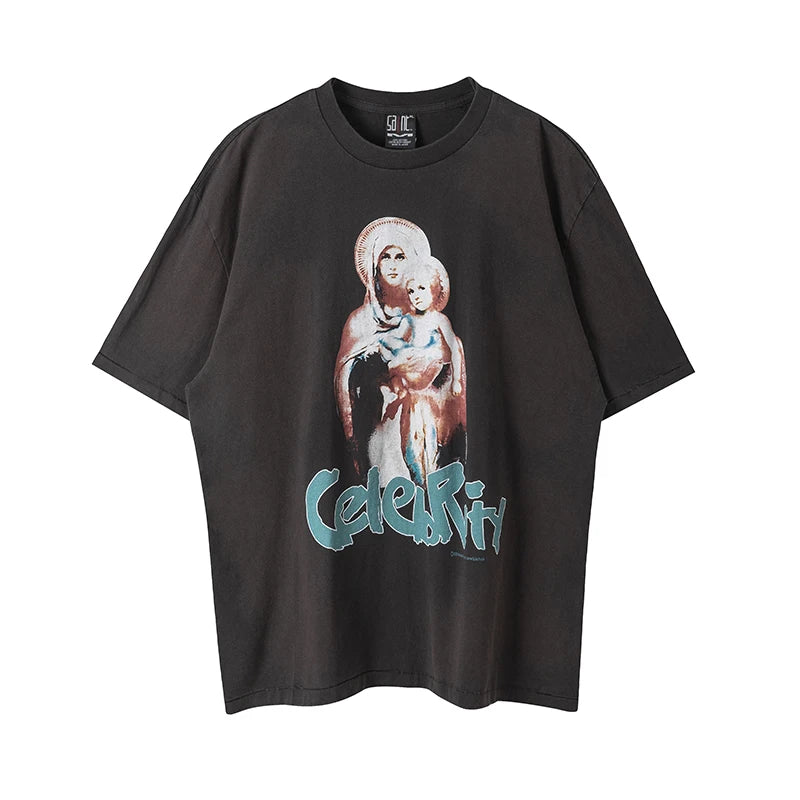 Street Fashion Saint Tears Washed Retro Vintage Short Sleeve High Quality Casual Cotton Oversized T Shirt