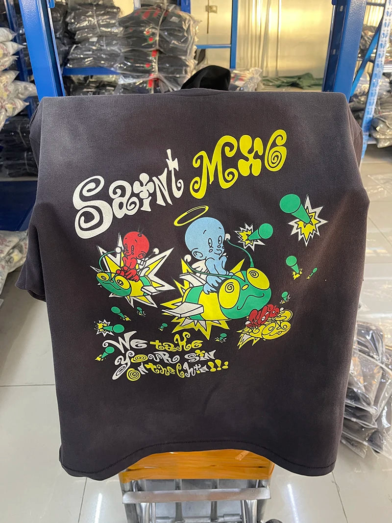 Street Fashion Saint Cartoon Happy Angel Oversized T Shirt Casual Men Summer Cotton Washed Vintage Tee