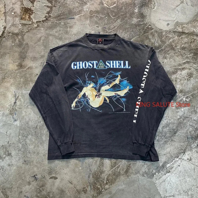 Washed Retro Saint High Quality Anime T Shirt Harajuku Fashion Cartoon Pattern Casual Men Women Long Sleeve