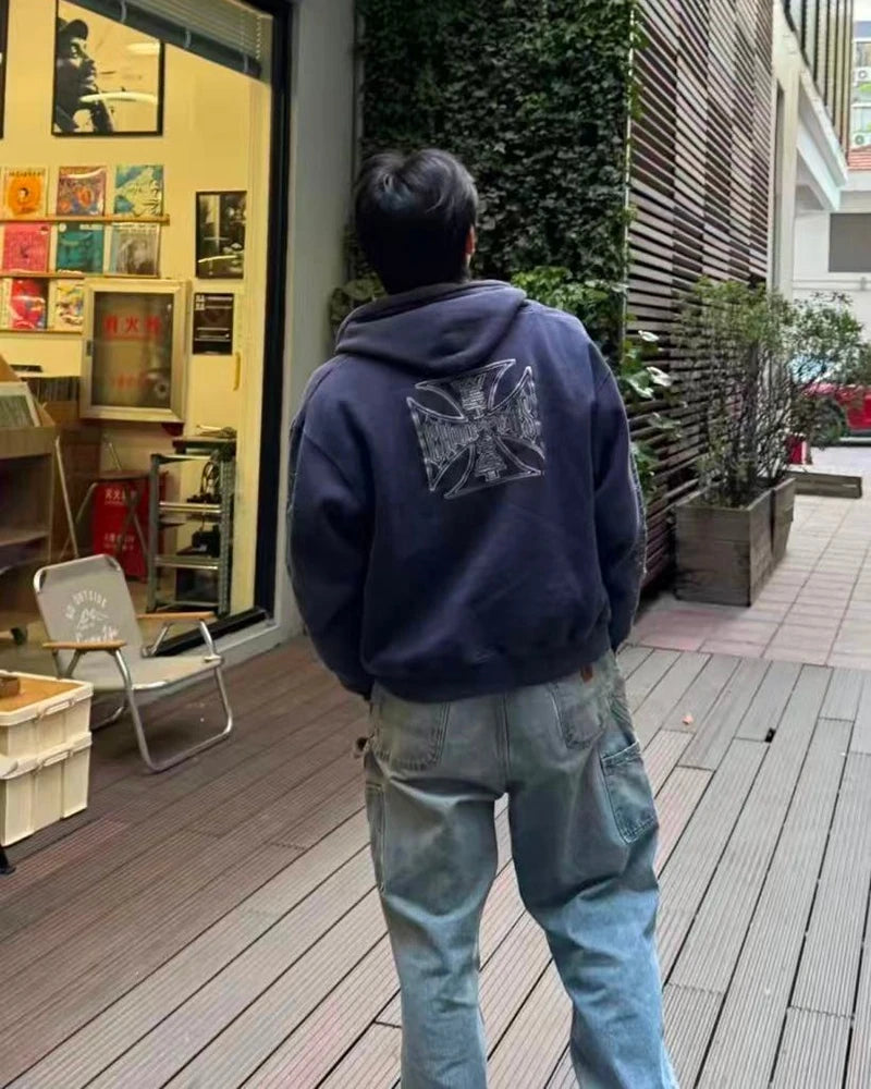 Street Fashion West Coast Letter Embroidery American Style Casual Vintage Purple Blue Hoodie Washed Thicken Zipper Coat Men