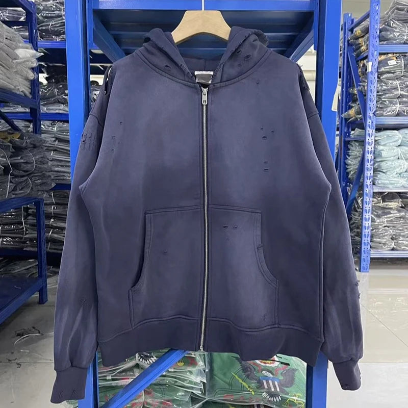 Vintage Series Saint High Quality Washed Hole Zipper Solid Color Hoodies Men Women Casual Fashion Streetwear