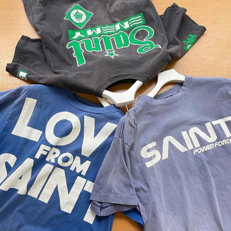 Street Fashion Saint Round Neck Retro Crack Letter Logo Green Printed Short Sleeve American Style Men T Shirt