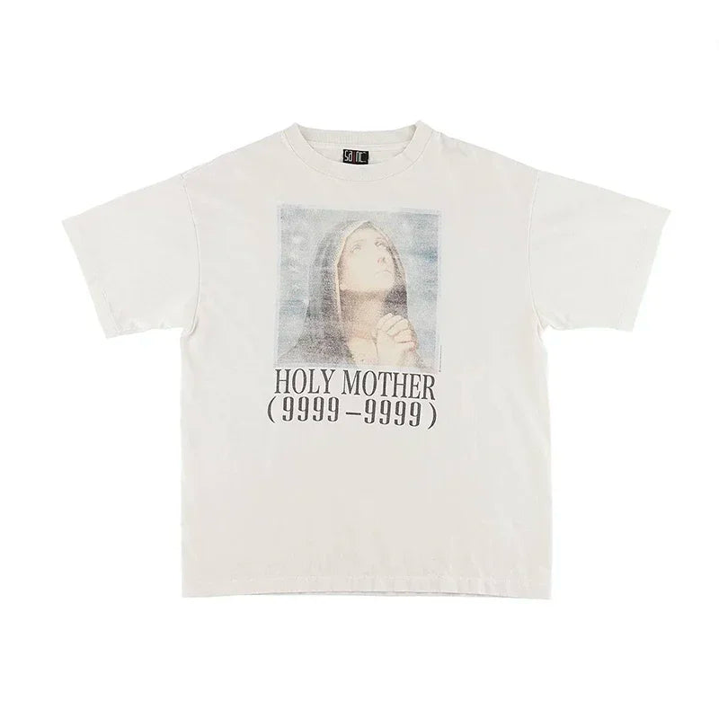 White Series Saint Portrait Letter Pattern Printed Short Sleeve American Casual Loose Men Women 1:1 Pure Cotton T-shirt