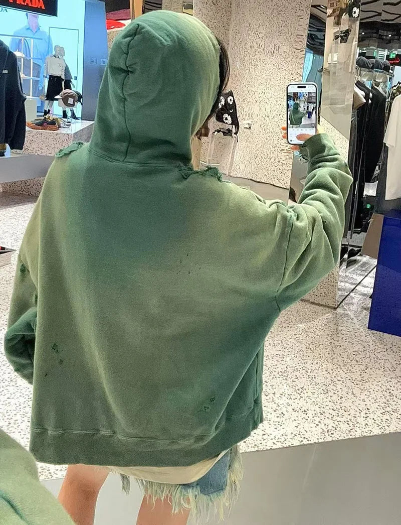 Retro Green Saint American Style Hole Men Women Hoodies Casual Fashion Zipper Winter Coat