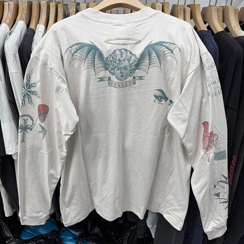 Street Fashion Saint Round Neck Japan Style Angel Print Vintage T Shirt High Quality Men Women Woo Long Sleeve Tees