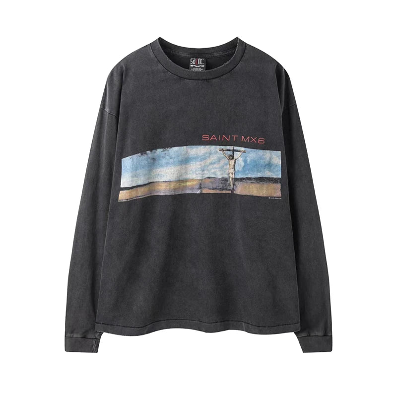 SAINT XXX STB Street Fashion Washed Distressed Letter Print American Style Vintage Casual Men Women Long Sleeve T-shirt