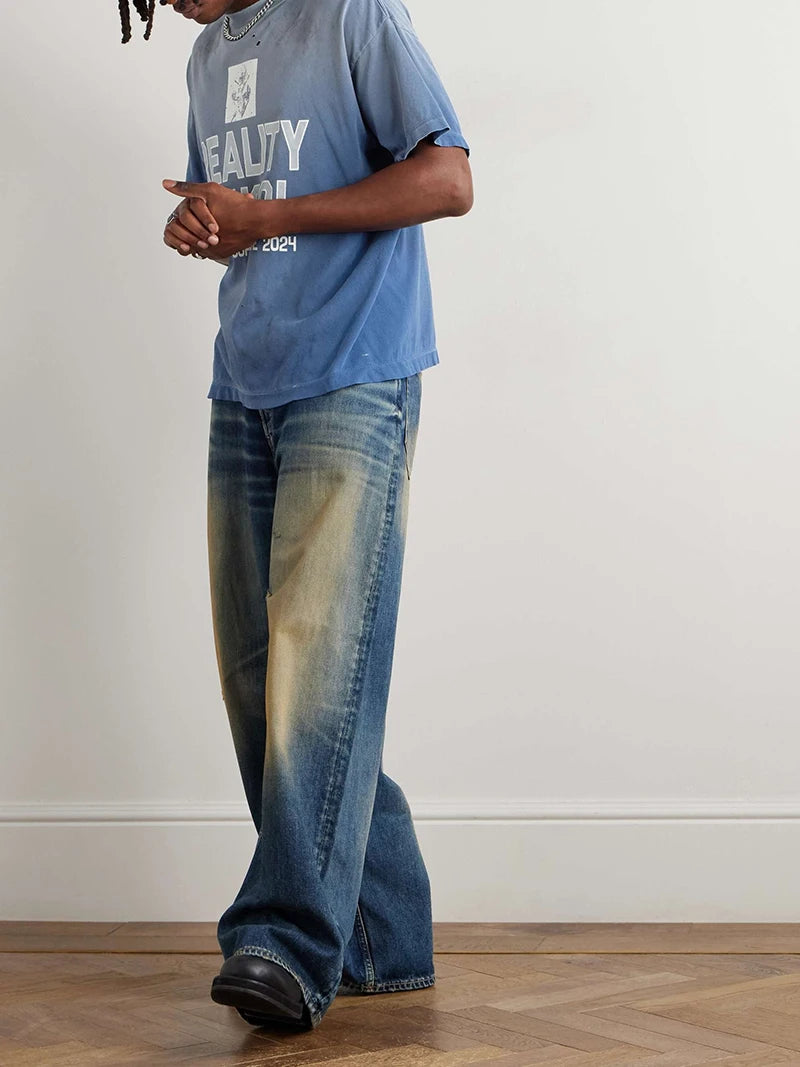 Hole Style Saint Blue Vintage T Shirt Casual Fashion High Quality Letter Print Men Women Short Sleeve