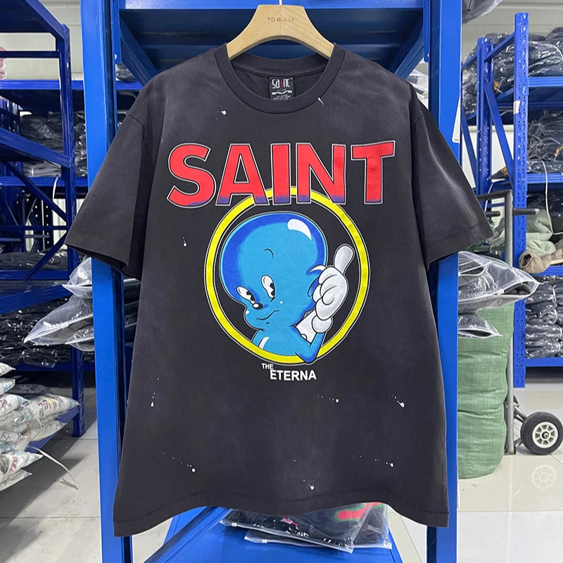 Street Fashion Casper High Quality Washed Summer Short Sleeve Saint Casual Cartoon Letter Print Men Women 1:1 Vintage T-shirt