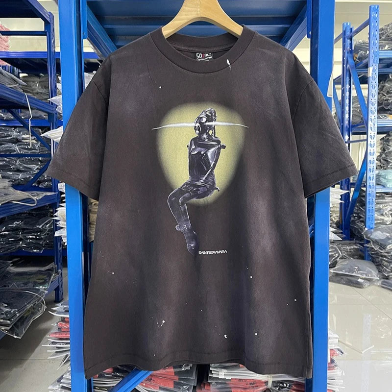 Co Branded Style Saint Round Neck Metal Dinosaur Graphic T-shirt Summer Harajuku Fashion Sorayama Short Sleeve